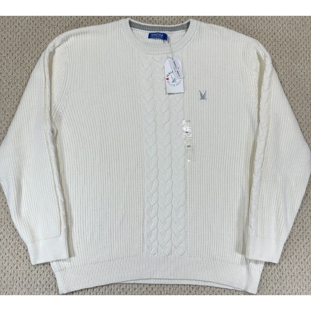 Nautica Sweater Mens 2XL White Blue Sail Crewneck Cable Knit Heavyweight NEW